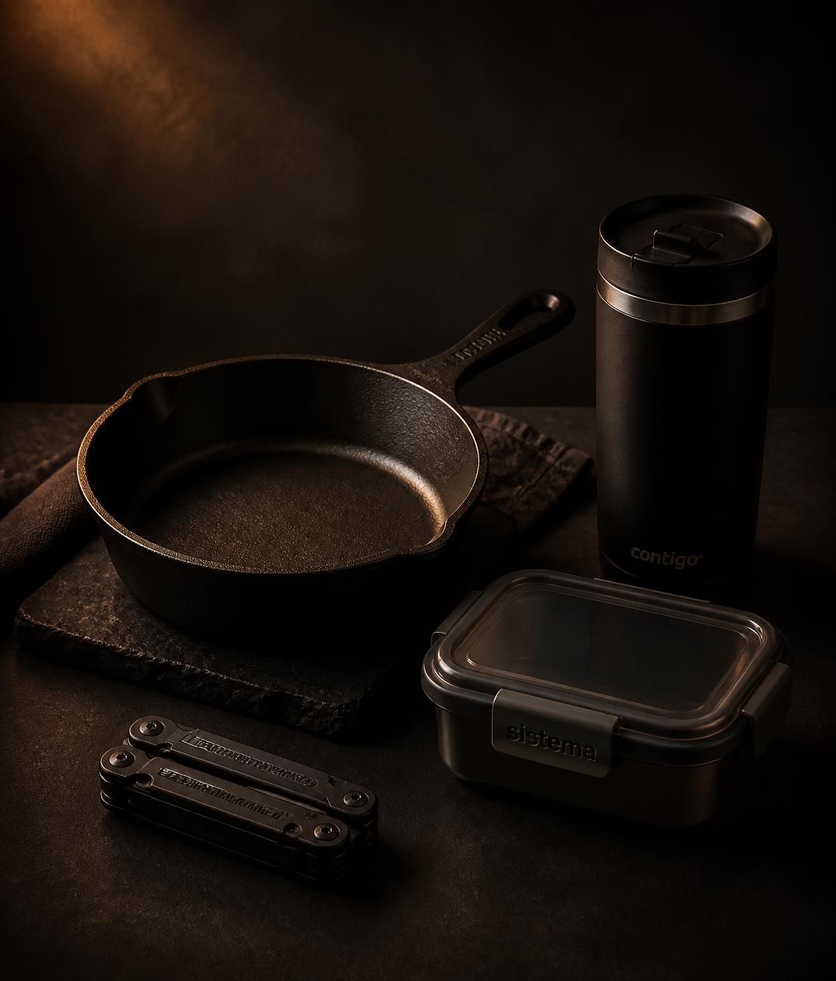 A curated set of everyday practical products lit with warm light